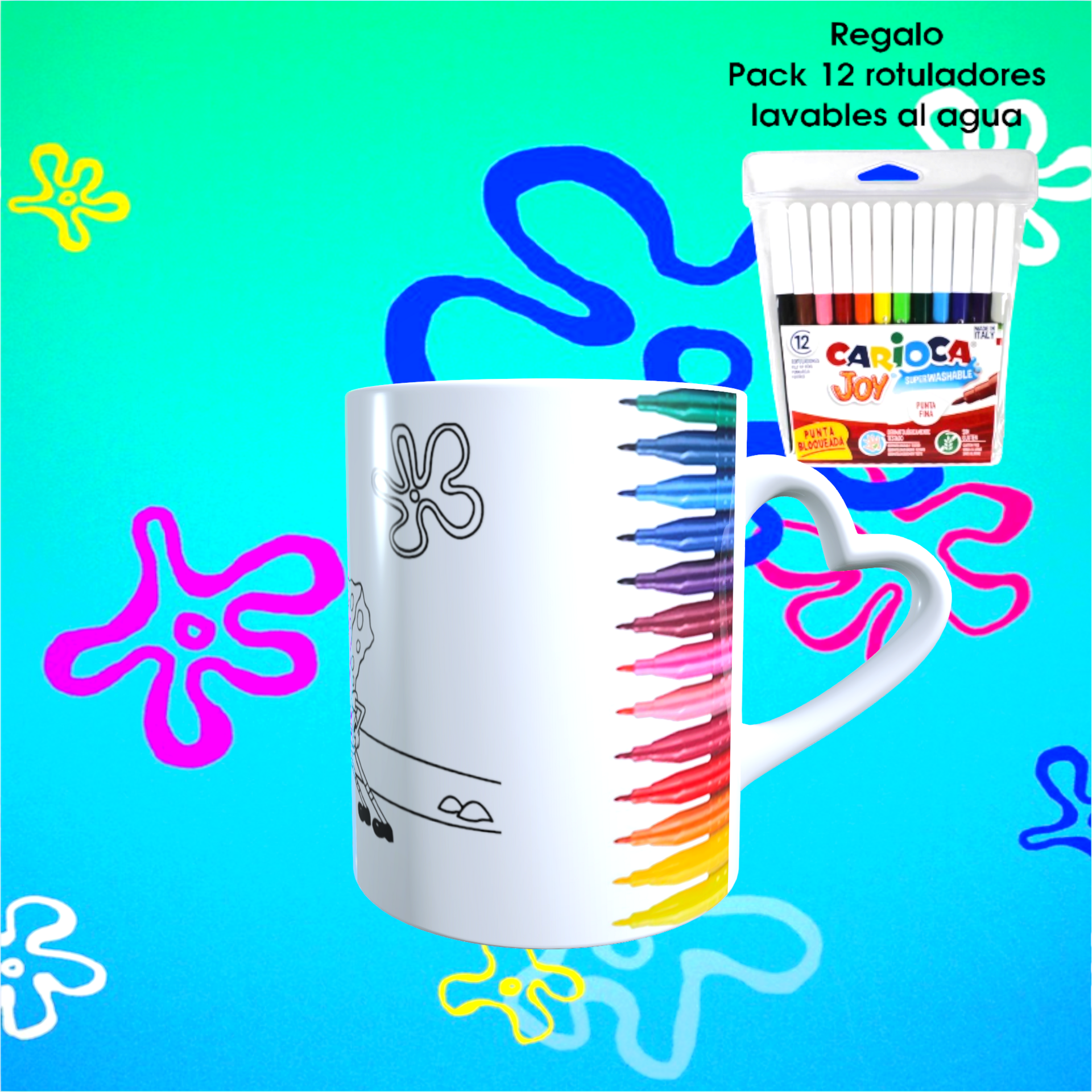 Taza para colorear BOB Esponja 02, Regalo 12 Rotuladores lavables - 4