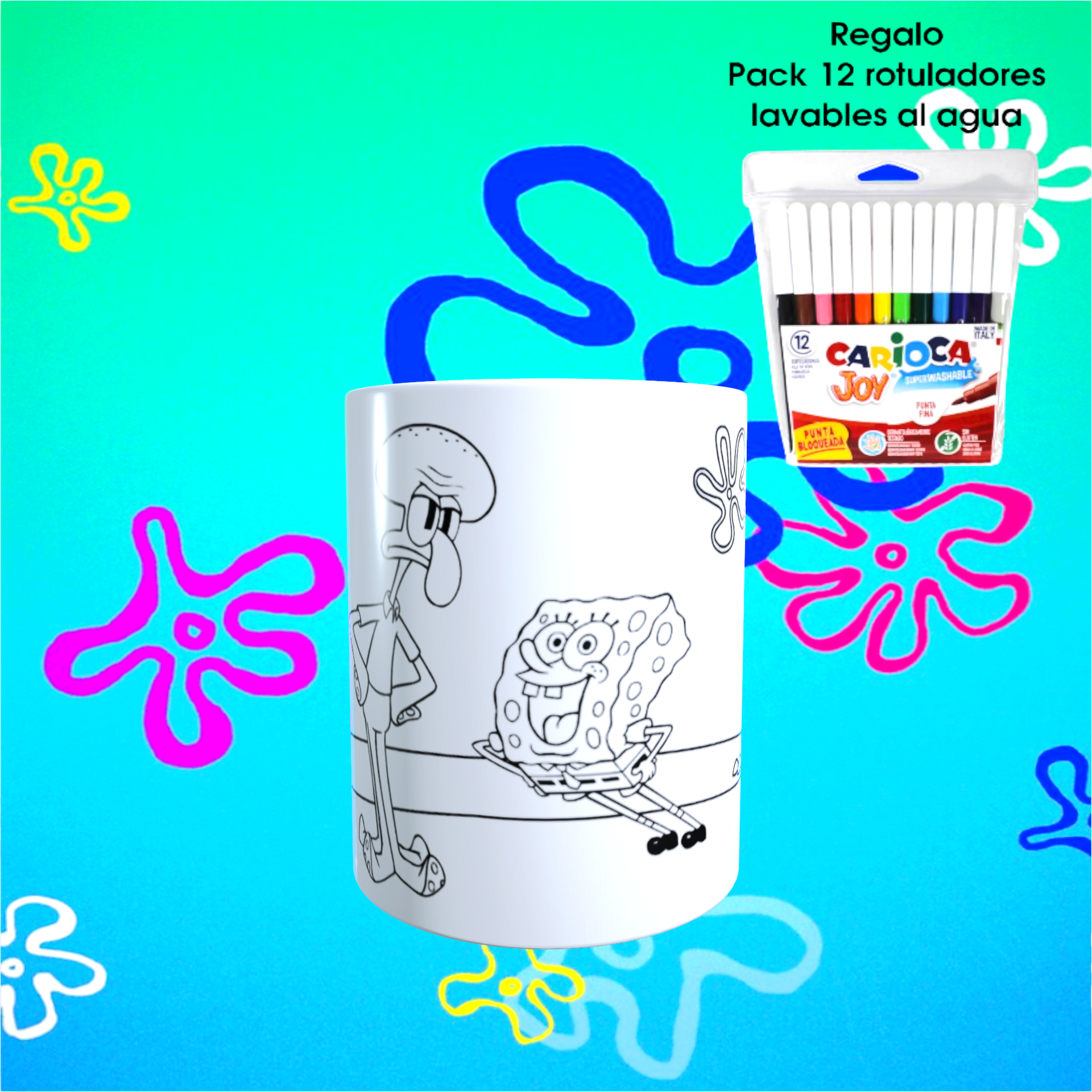 Taza para colorear BOB Esponja 02, Regalo 12 Rotuladores lavables - 3