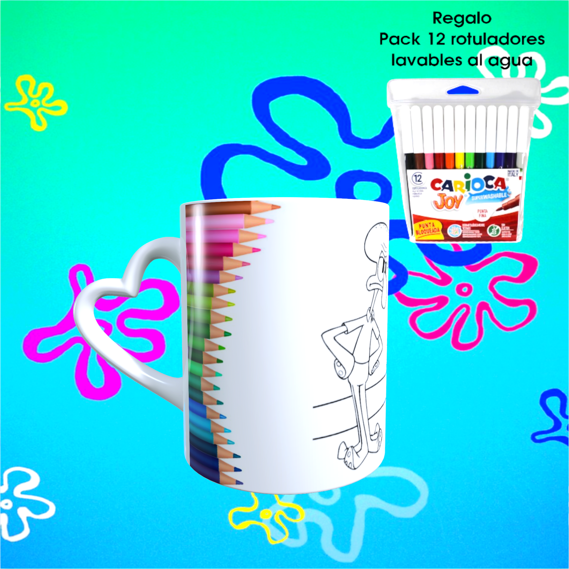 Taza para colorear BOB Esponja 02, Regalo 12 Rotuladores lavables - 2