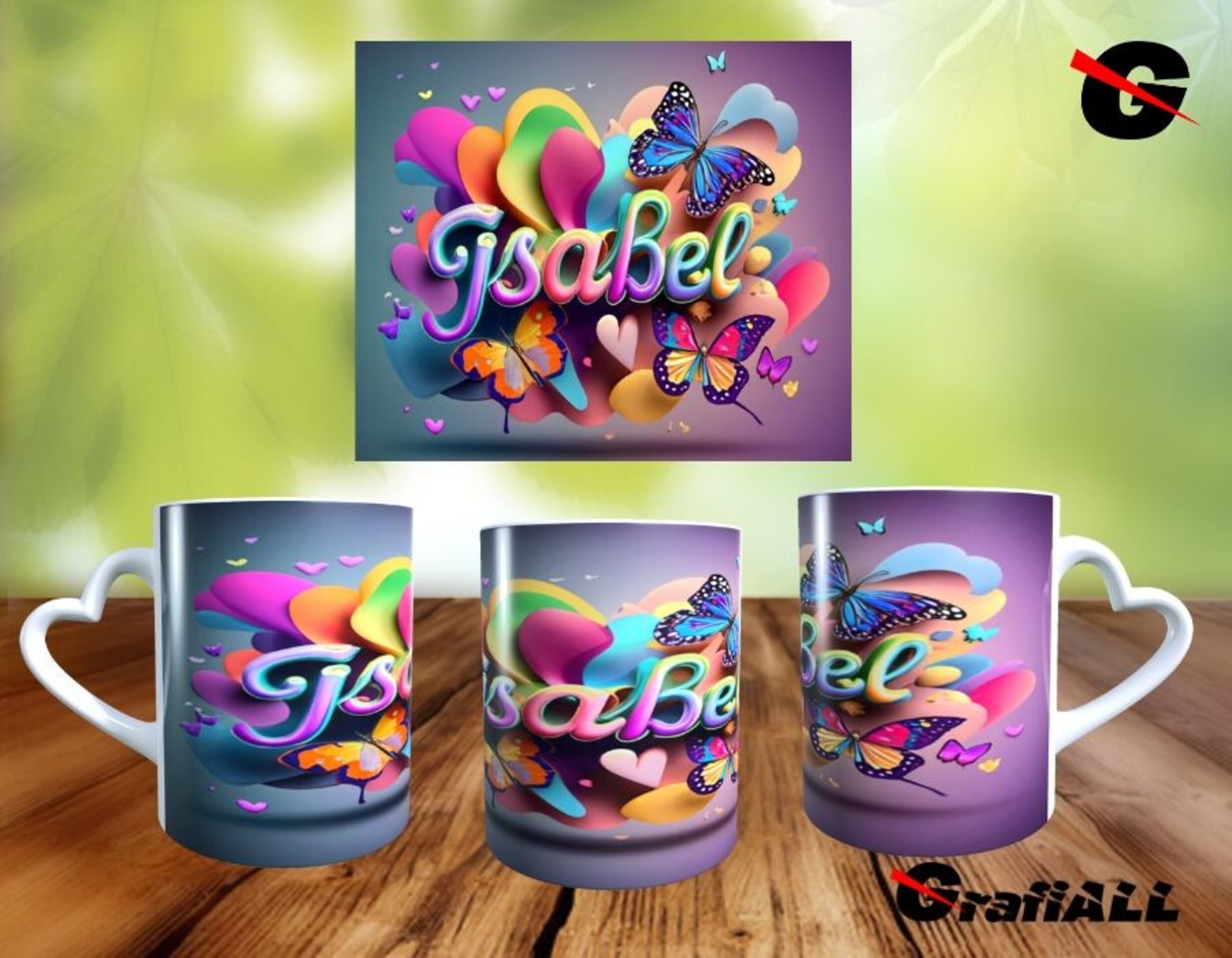 Taza Isabel personalizada con Nombre 3D, asa corazón. - 1